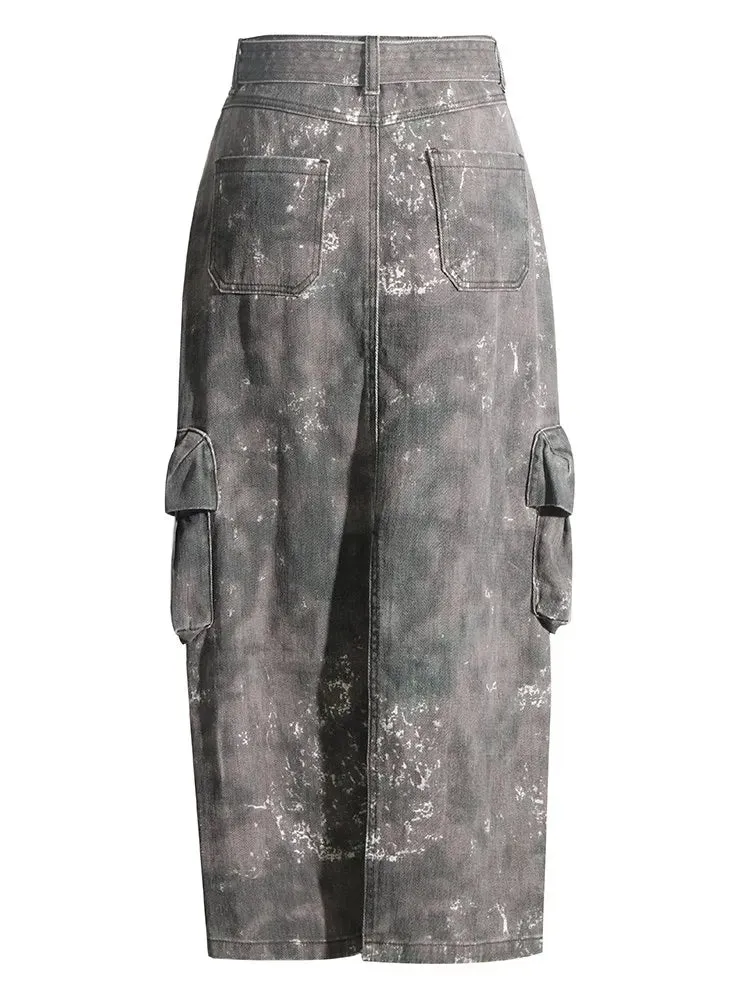 Denim Camo Cargo Maxi Skirt