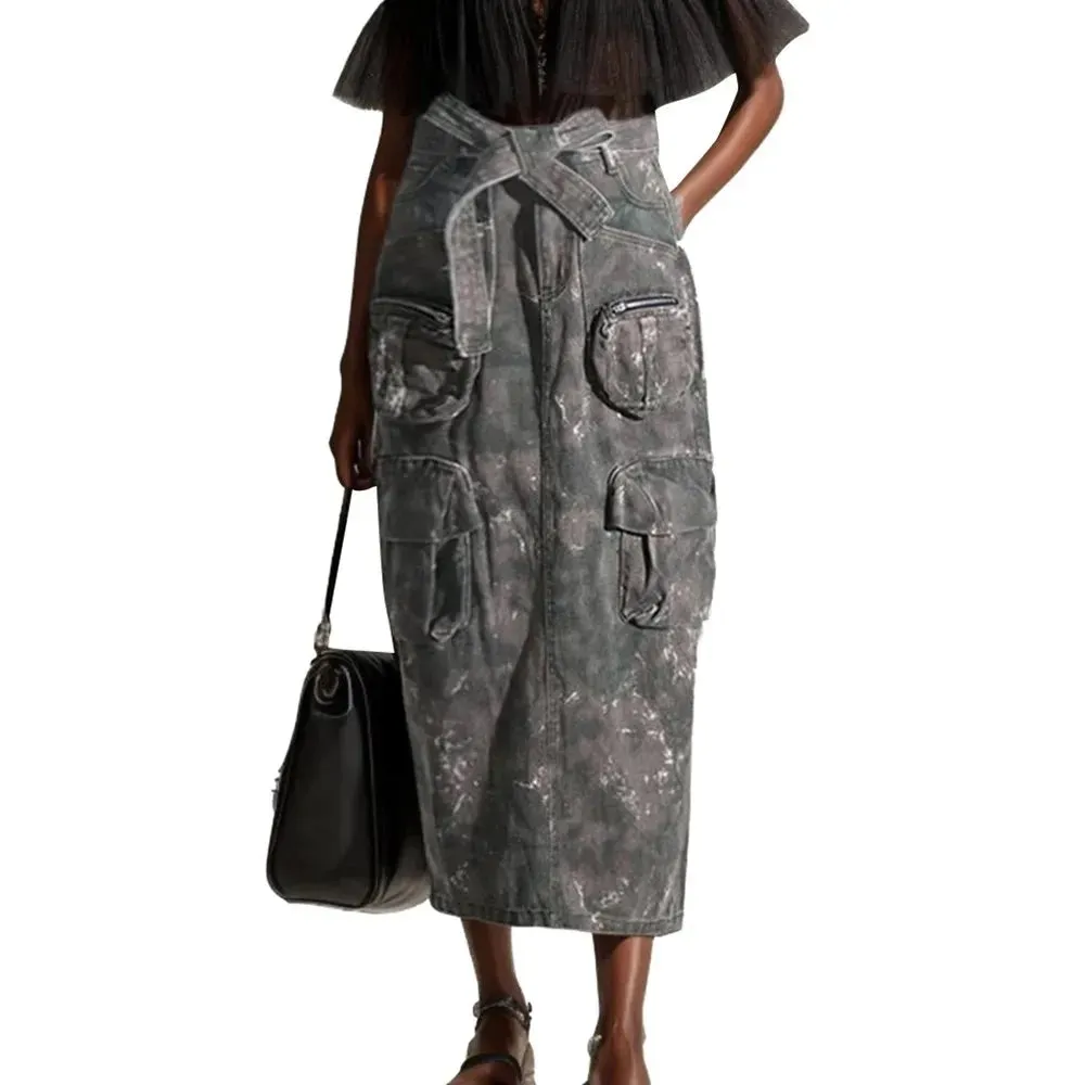 Denim Camo Cargo Maxi Skirt
