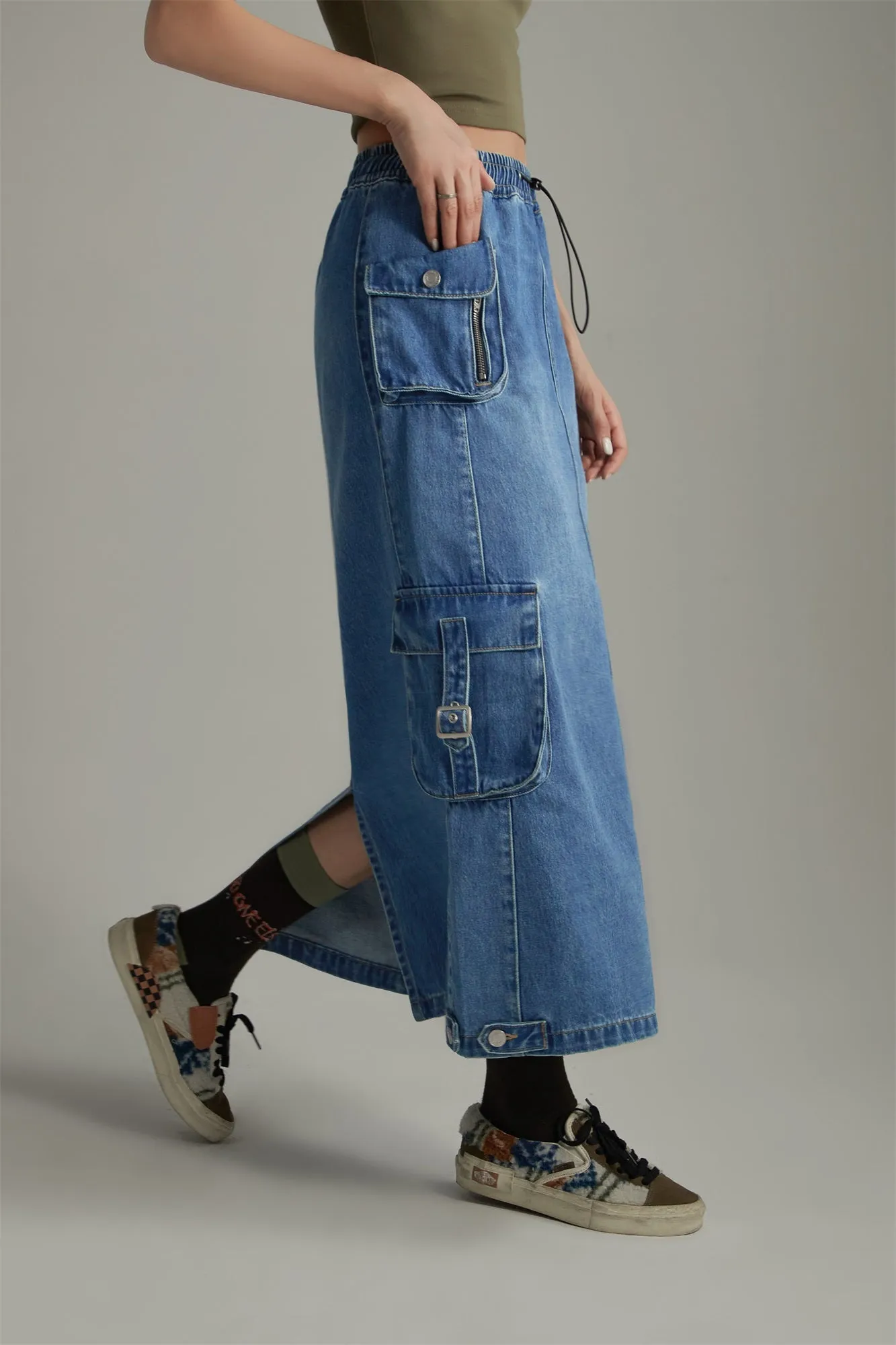 Denim Or Brown Cotton Cargo Skirt