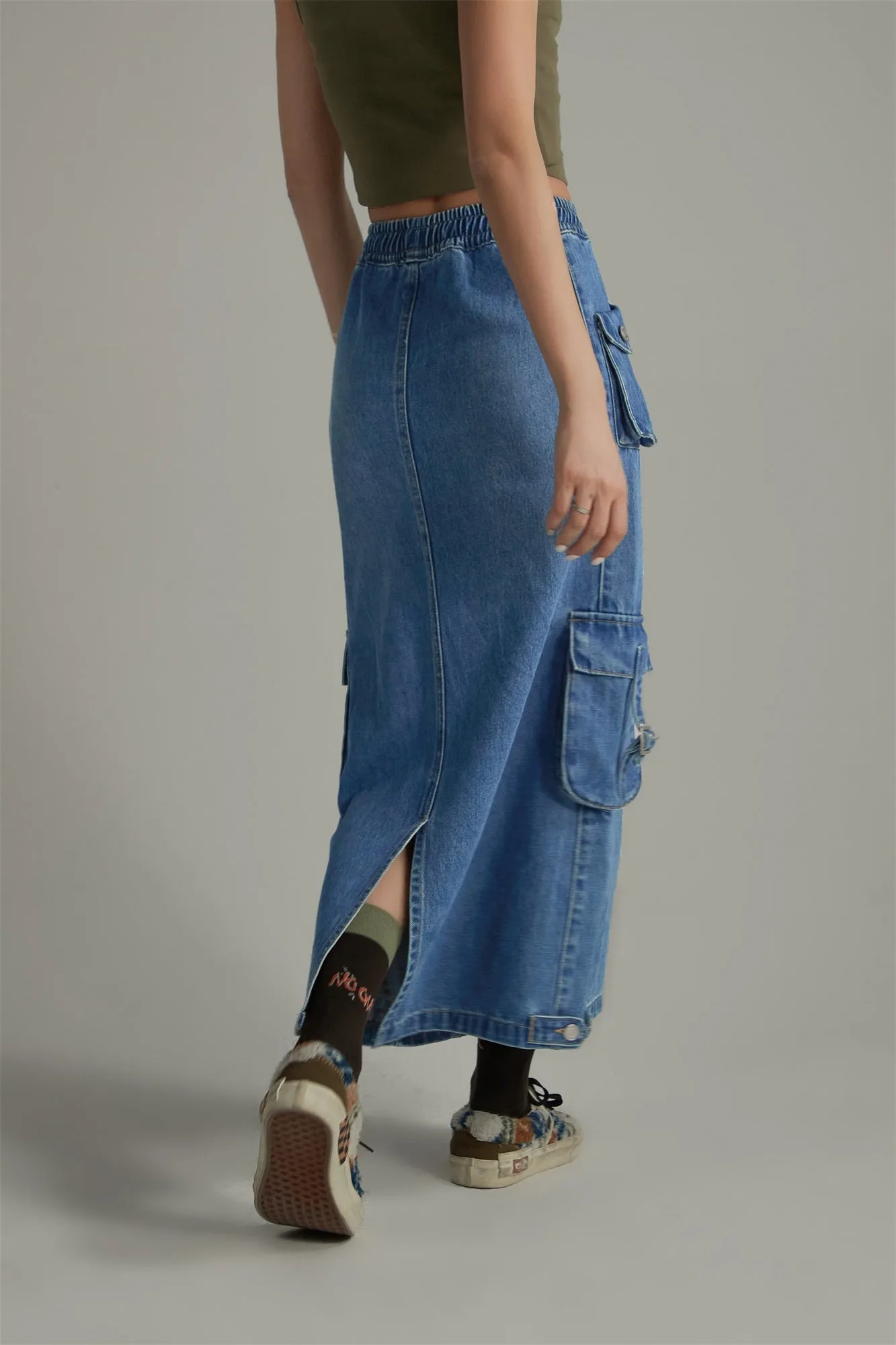 Denim Or Brown Cotton Cargo Skirt