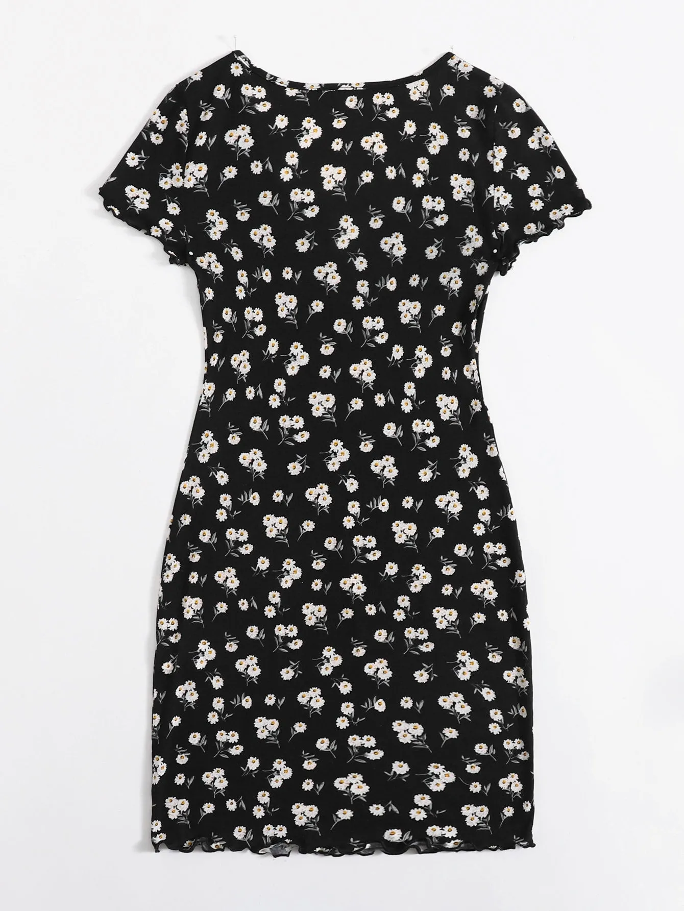 Ditsy Floral Lettuce Trim Cap Sleeve Notched Pencil Natural Short Dress
