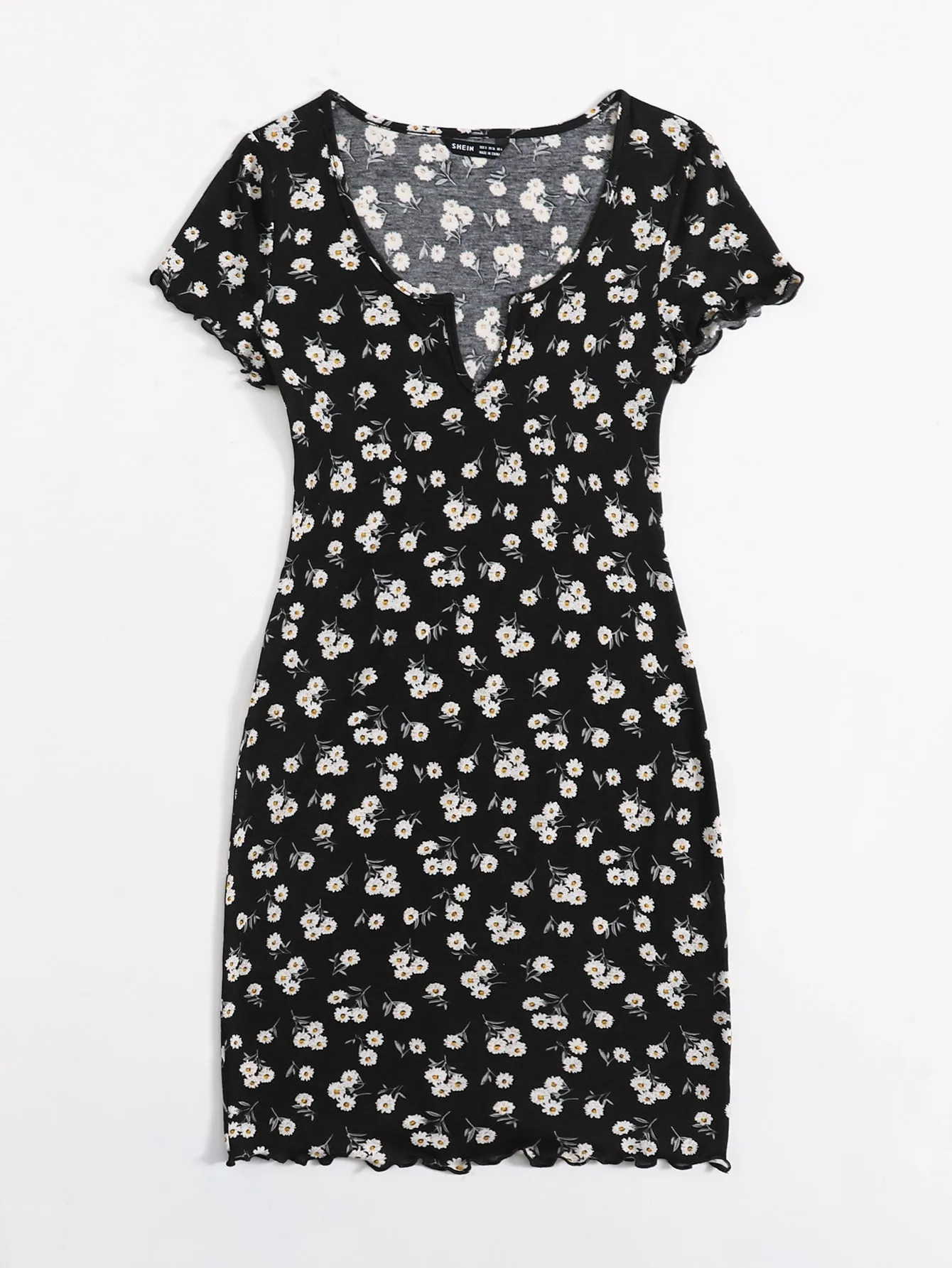 Ditsy Floral Lettuce Trim Cap Sleeve Notched Pencil Natural Short Dress
