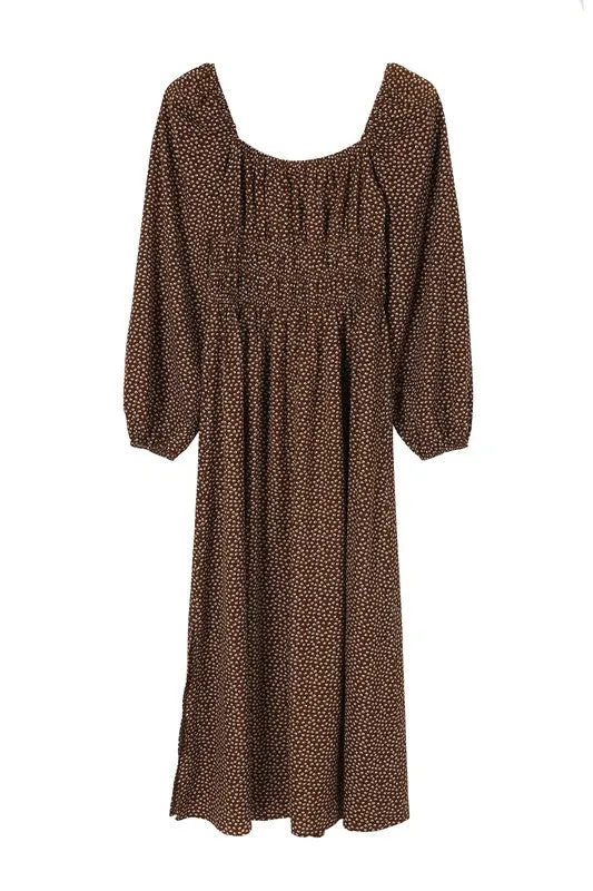 Ditsy Floral Square Neck Puff Sleeve Midi Dress