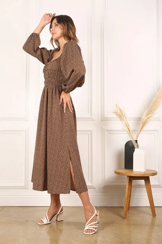 Ditsy Floral Square Neck Puff Sleeve Midi Dress