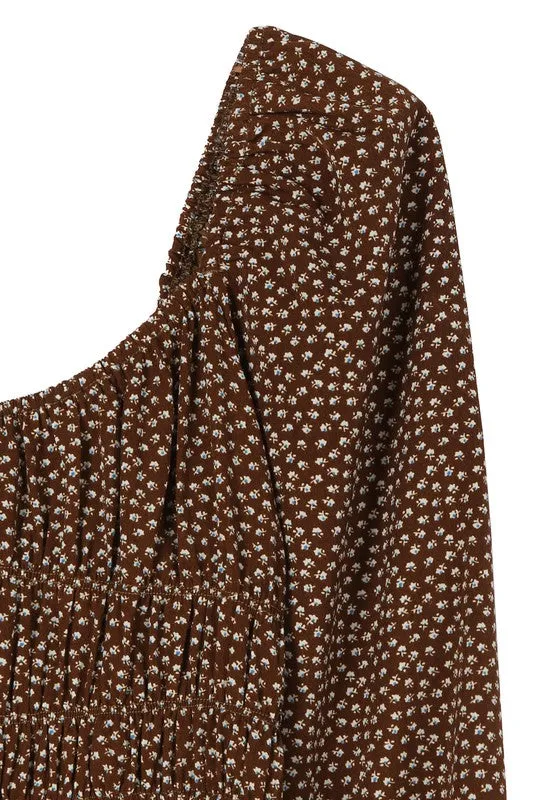 Ditsy Floral Square Neck Puff Sleeve Midi Dress