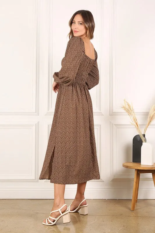 Ditsy Floral Square Neck Puff Sleeve Midi Dress