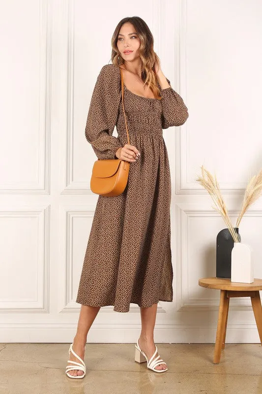 Ditsy Floral Square Neck Puff Sleeve Midi Dress