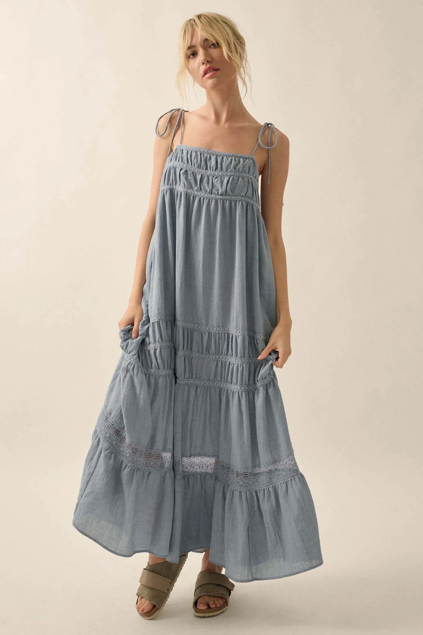 Down in the Valley Tiered Lace-Trim Maxi Dress