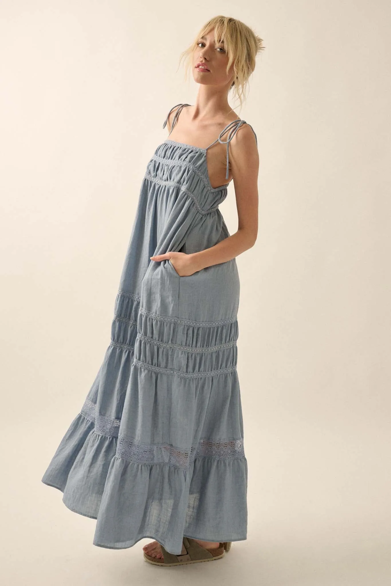 Down in the Valley Tiered Lace-Trim Maxi Dress