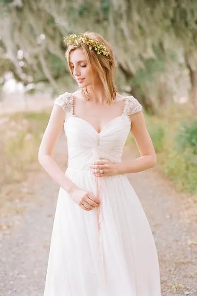 Elegant Cap Sleeve Long Chiffon Sweetheart Pleat Beach Wedding Dress PFW0203
