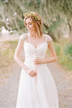 Elegant Cap Sleeve Long Chiffon Sweetheart Pleat Beach Wedding Dress PFW0203