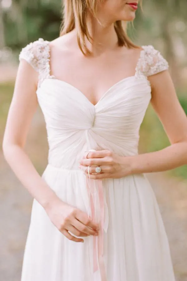 Elegant Cap Sleeve Long Chiffon Sweetheart Pleat Beach Wedding Dress PFW0203