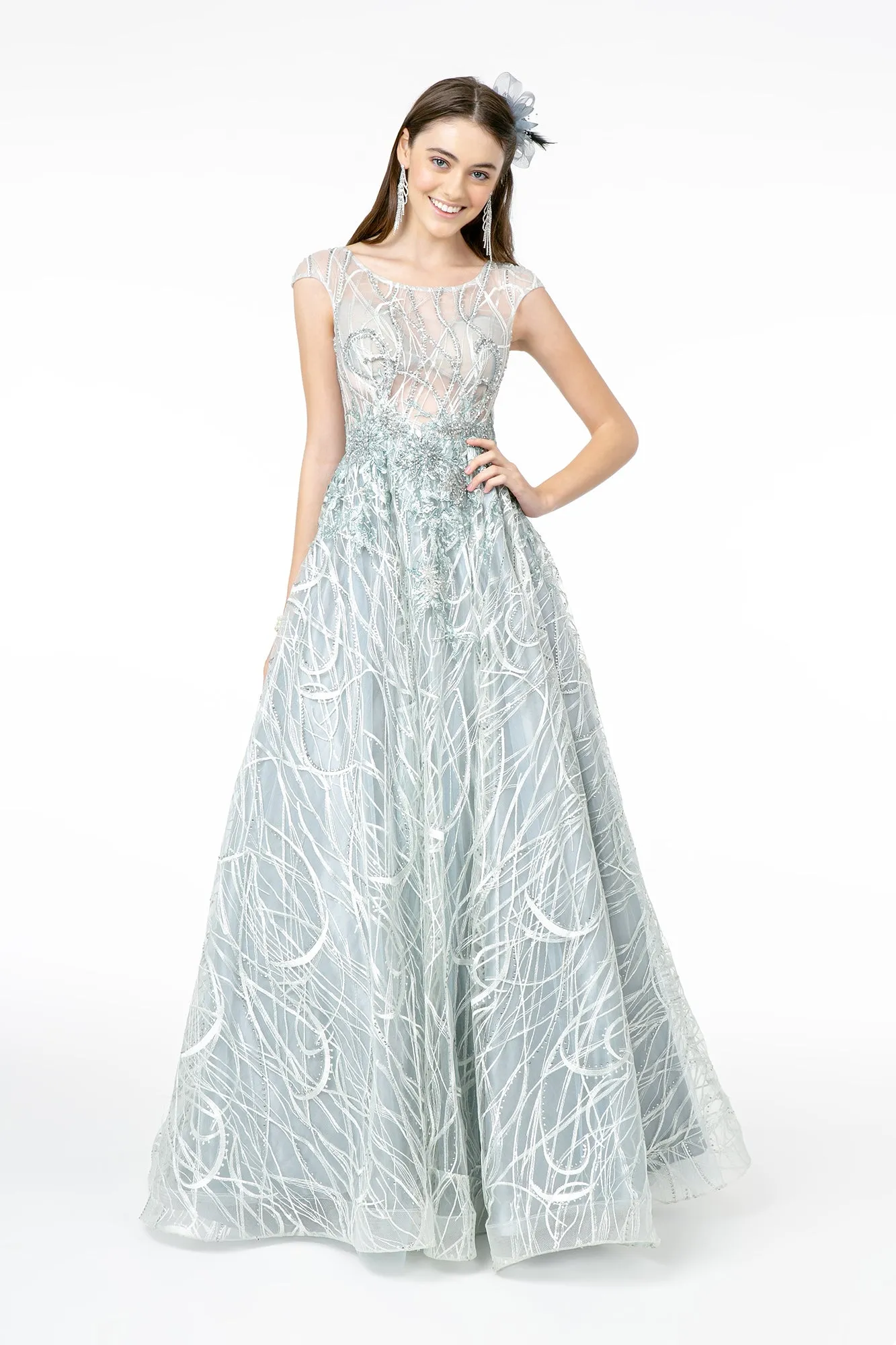 Embroidered Sheer Top Sleeveless Mesh Long Dress GLGL2890