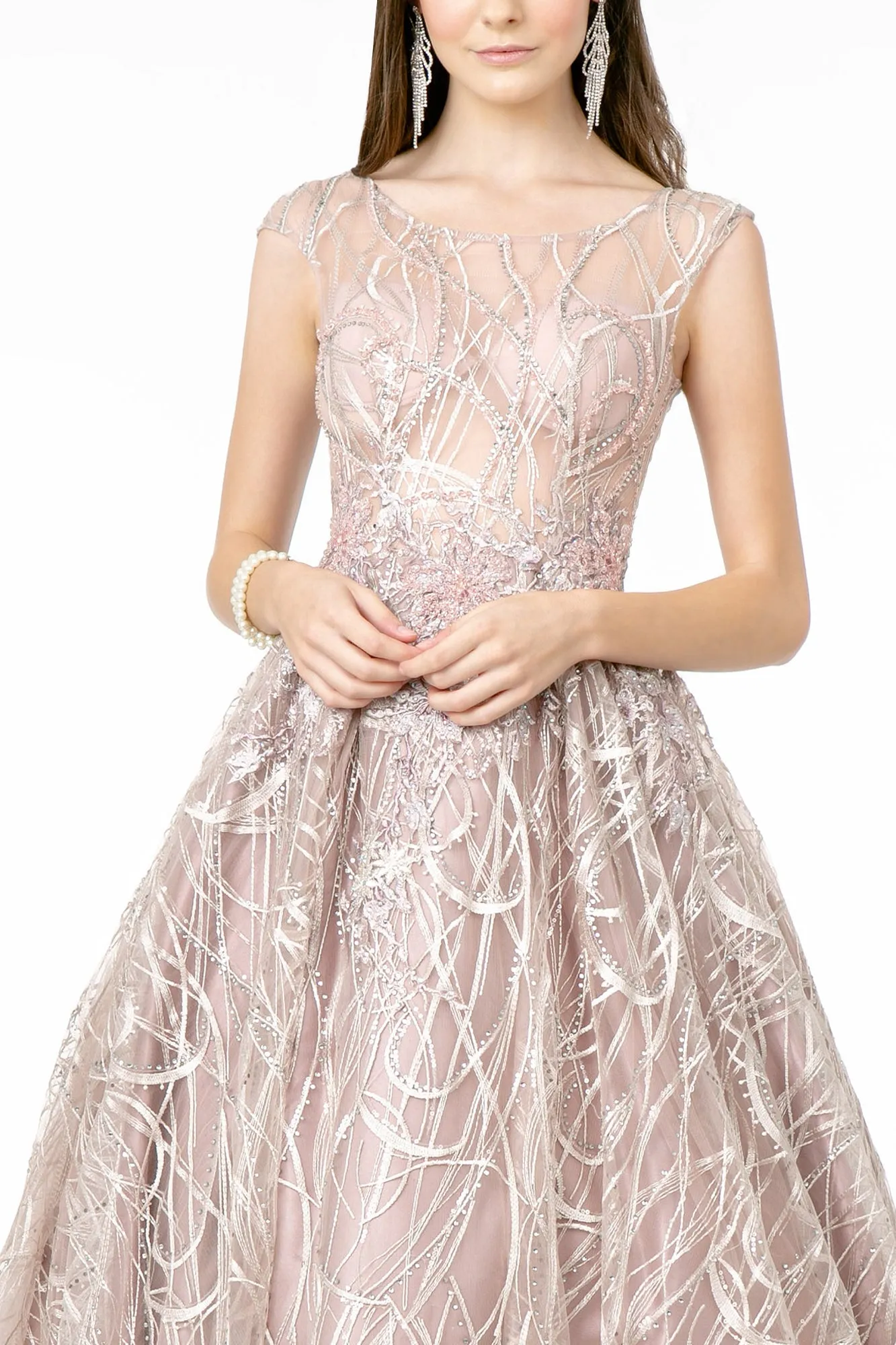 Embroidered Sheer Top Sleeveless Mesh Long Dress GLGL2890