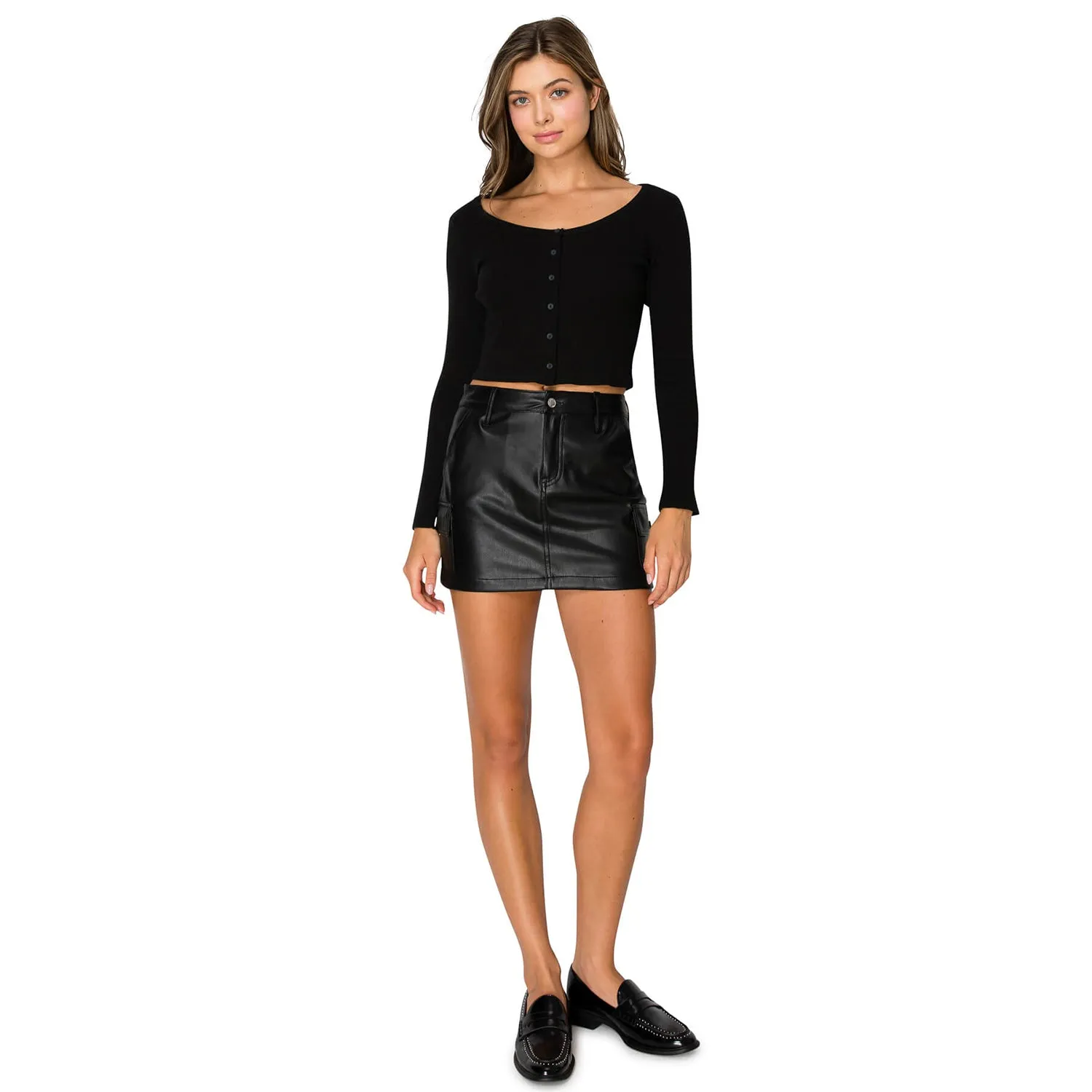 Faux Leather Mini Cargo Skirts - Black