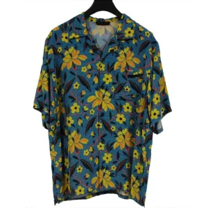 Floral Button Down Shirt Large Blue Yellow Viscose Short Sleeve Bowl