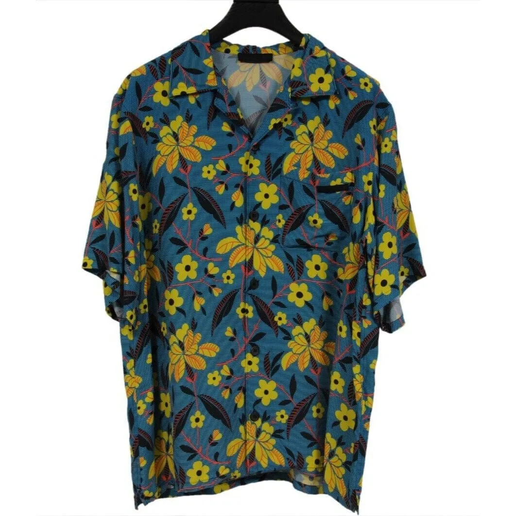 Floral Button Down Shirt Large Blue Yellow Viscose Short Sleeve Bowl