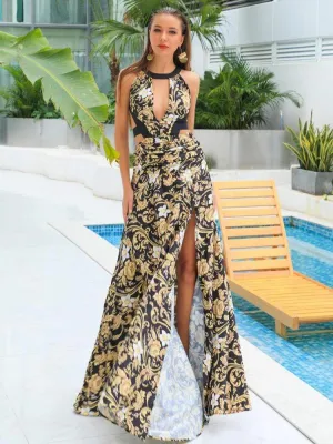 Floral Print Backless Cutout Halter Dress