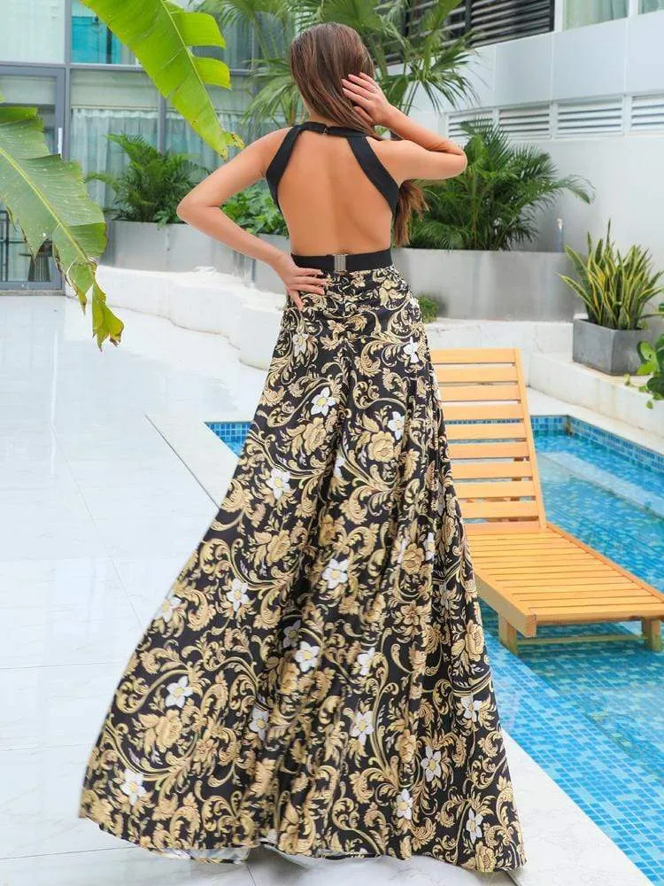 Floral Print Backless Cutout Halter Dress