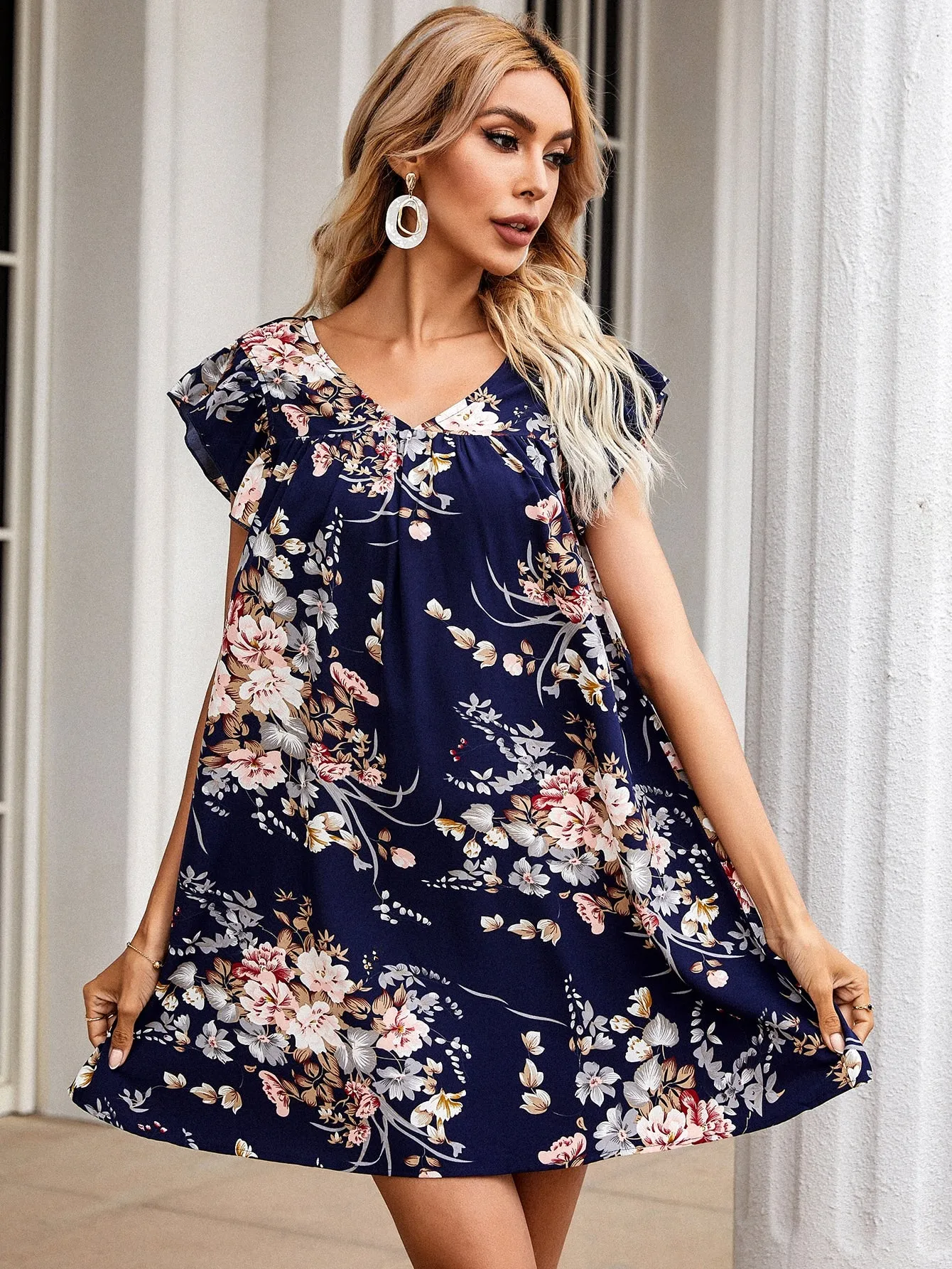 Floral Ruffle Cap Sleeve V Neck Straight Natural Short Dress