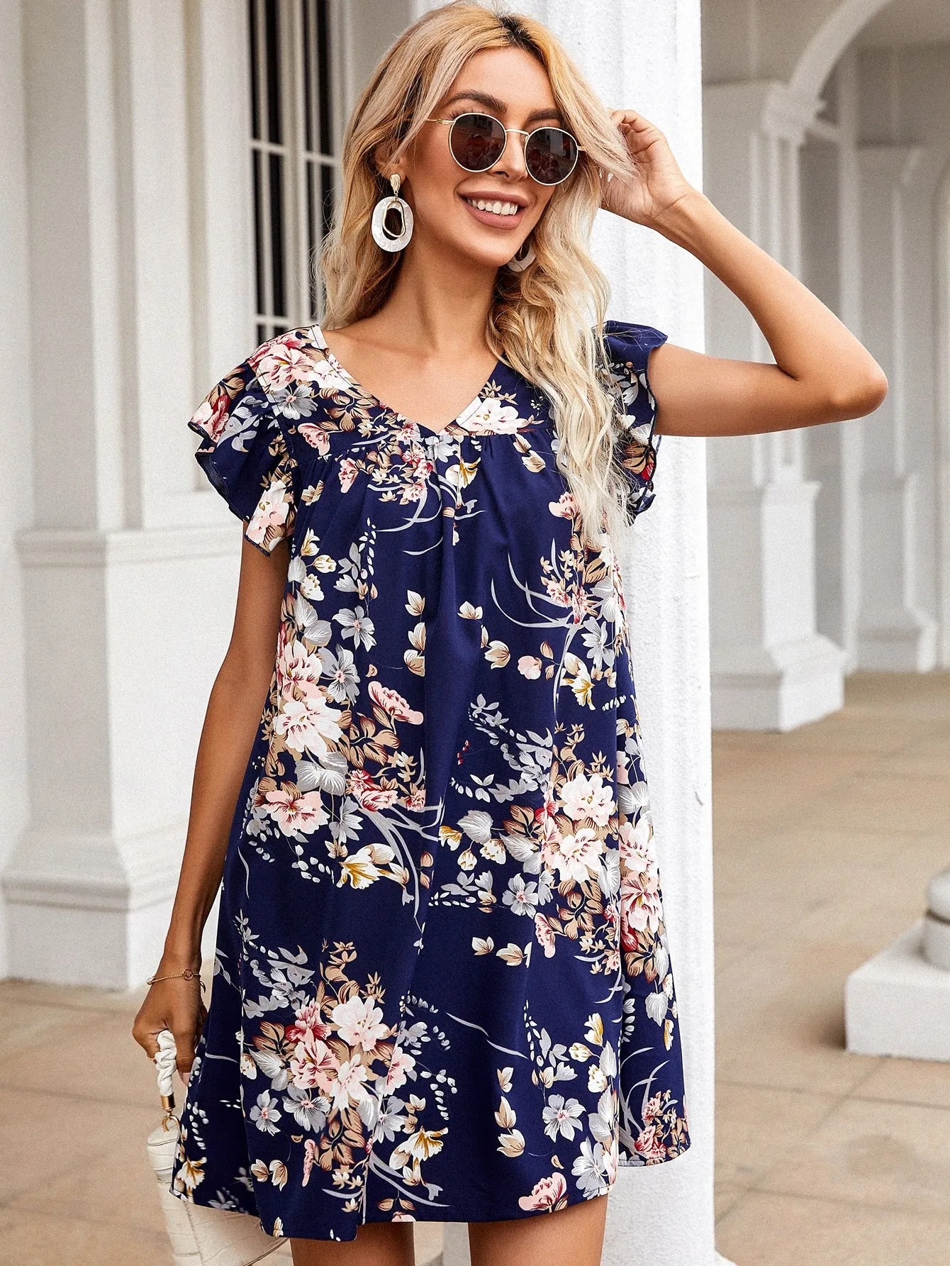 Floral Ruffle Cap Sleeve V Neck Straight Natural Short Dress