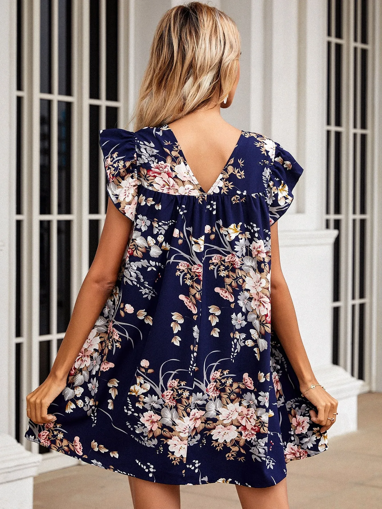 Floral Ruffle Cap Sleeve V Neck Straight Natural Short Dress