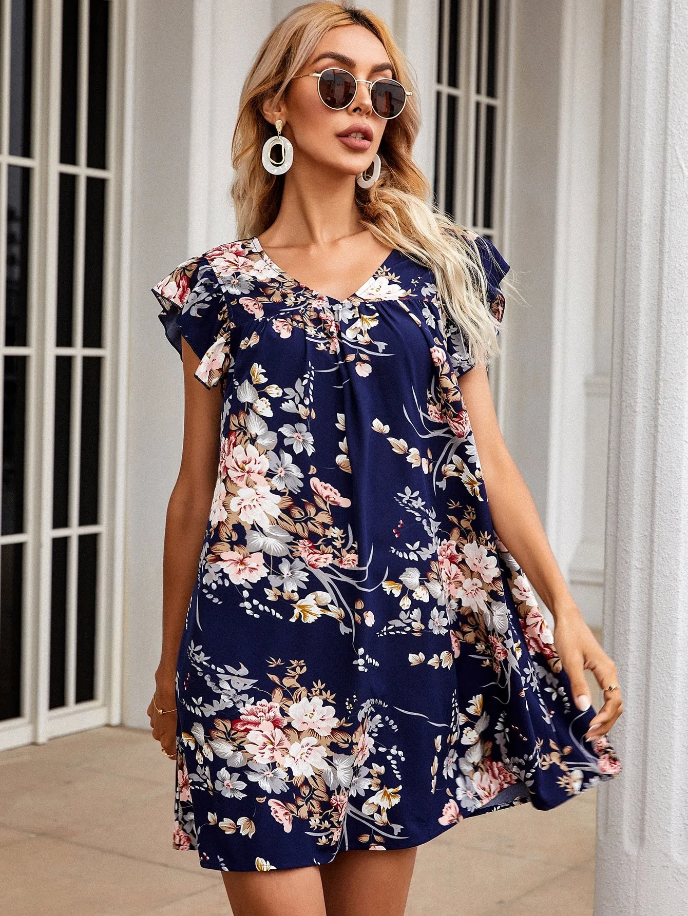 Floral Ruffle Cap Sleeve V Neck Straight Natural Short Dress