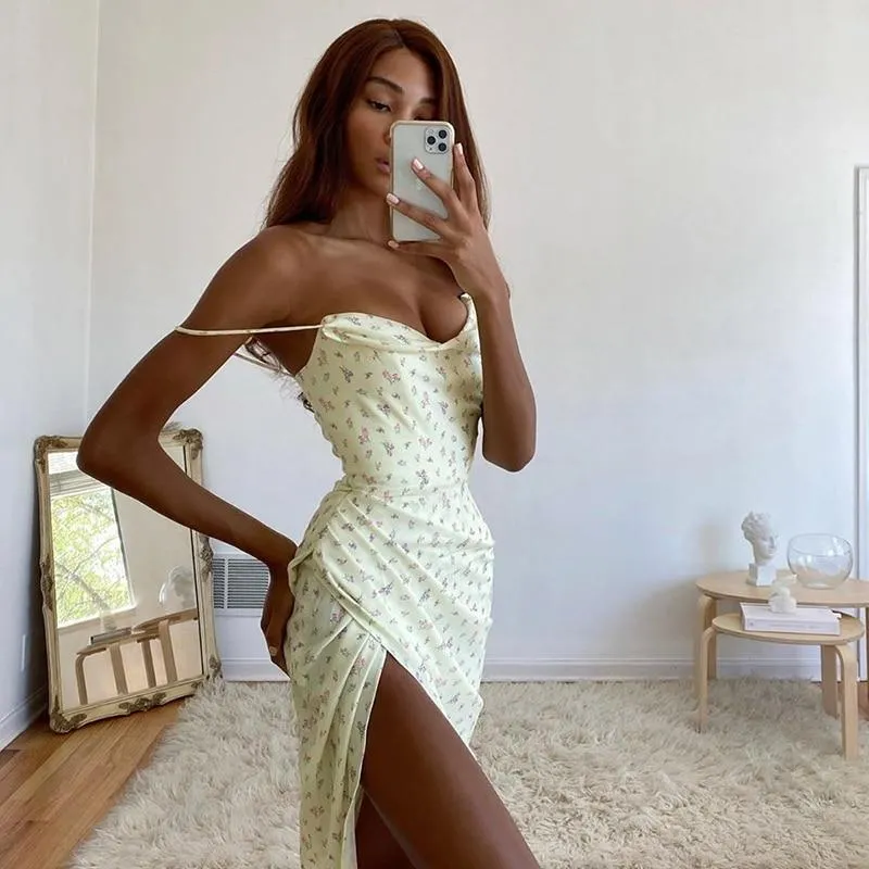 Floral Summer Dress Women Spaghetti Straps Cowl Neck