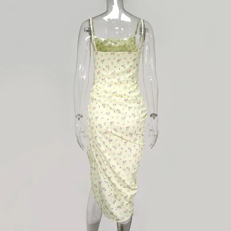 Floral Summer Dress Women Spaghetti Straps Cowl Neck