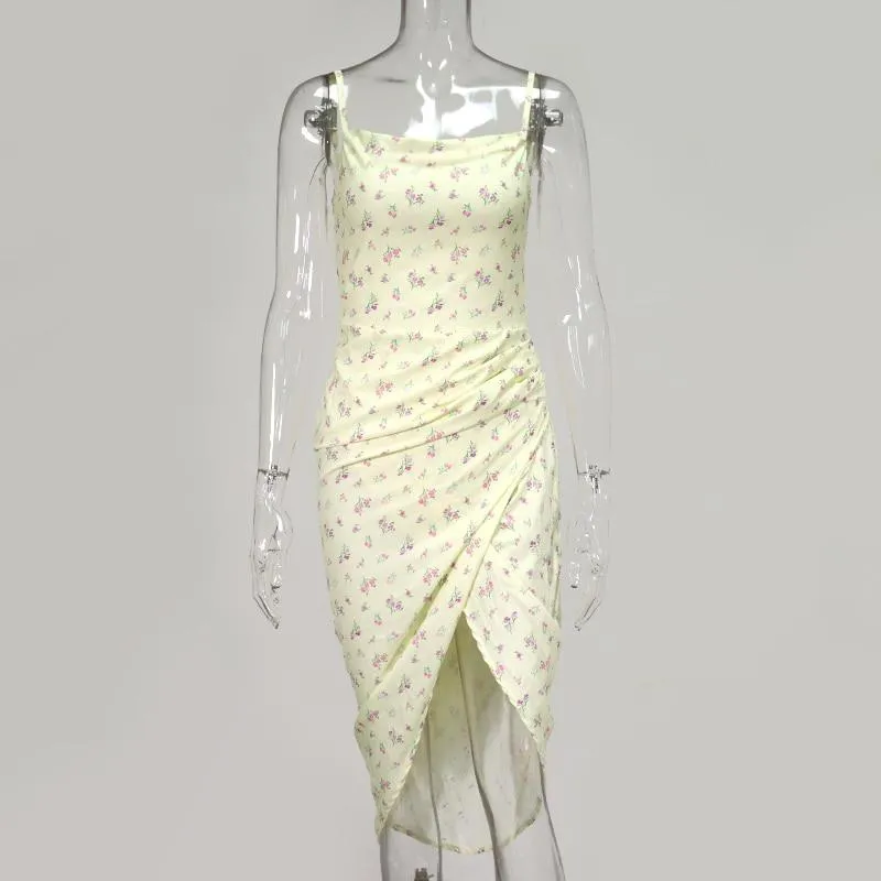 Floral Summer Dress Women Spaghetti Straps Cowl Neck