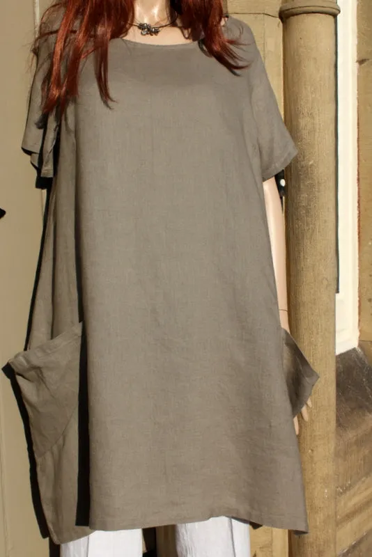 FOCUS (USA) Ladies Taupe Linen Dress or Long Tunic with Big Bucket Pockets