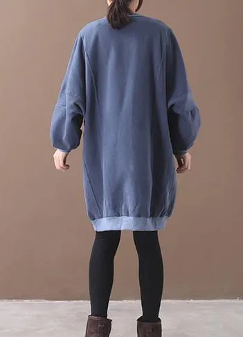 French two pockets Cotton o neck tunics for women Sewing blue Dress