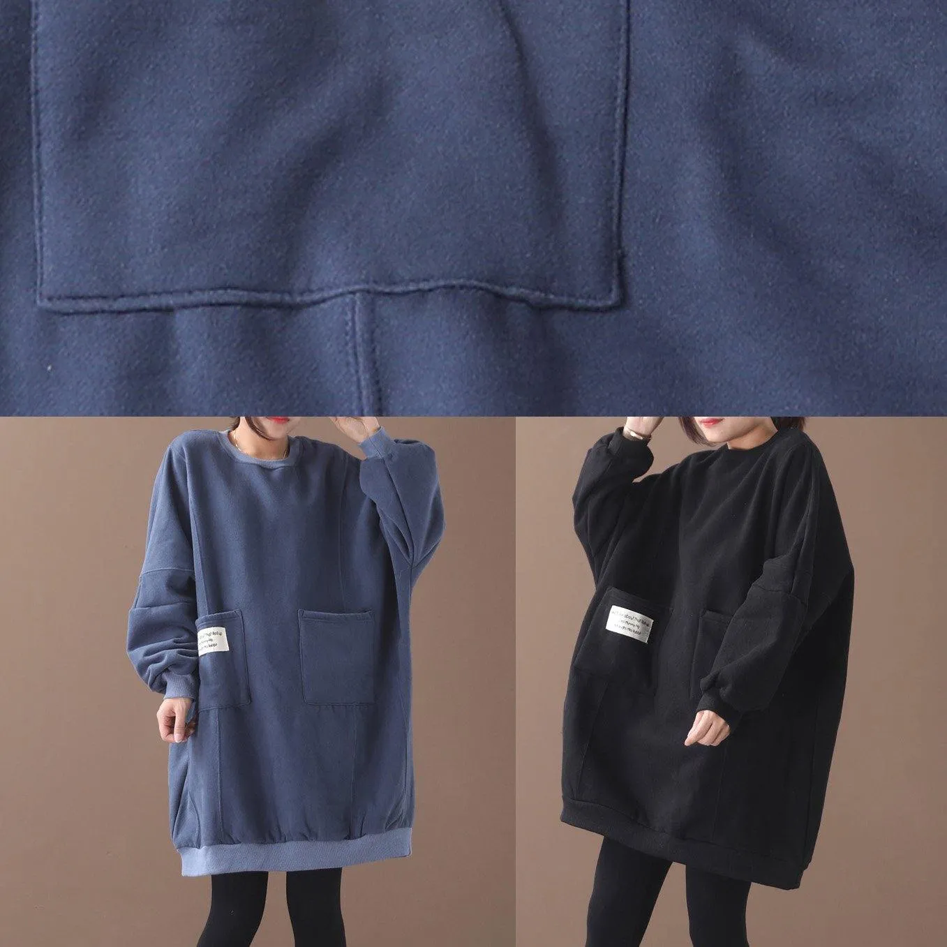 French two pockets Cotton o neck tunics for women Sewing blue Dress