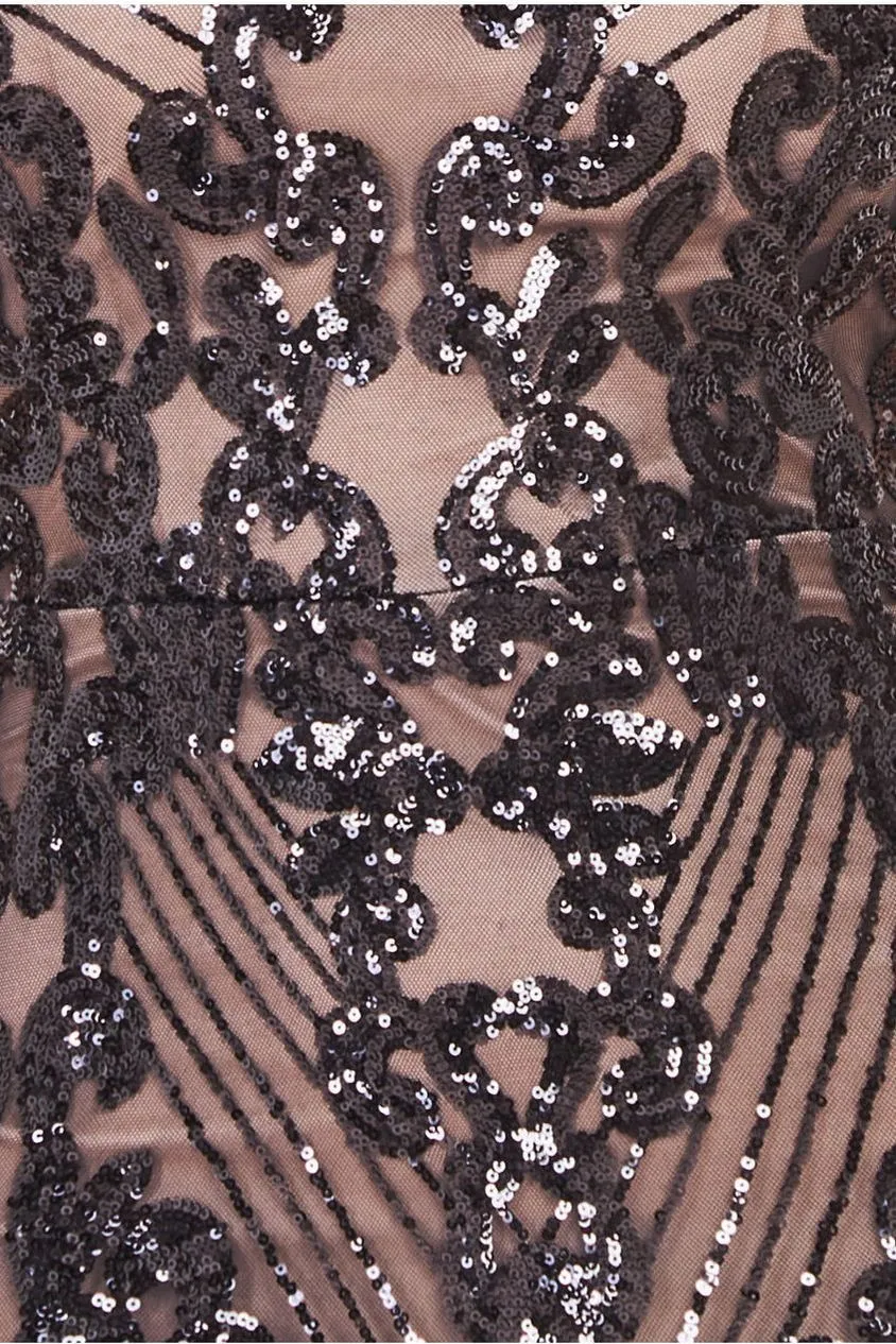 Goddiva Embroidered Sequin Beaded Cap Sleeve Maxi - Black