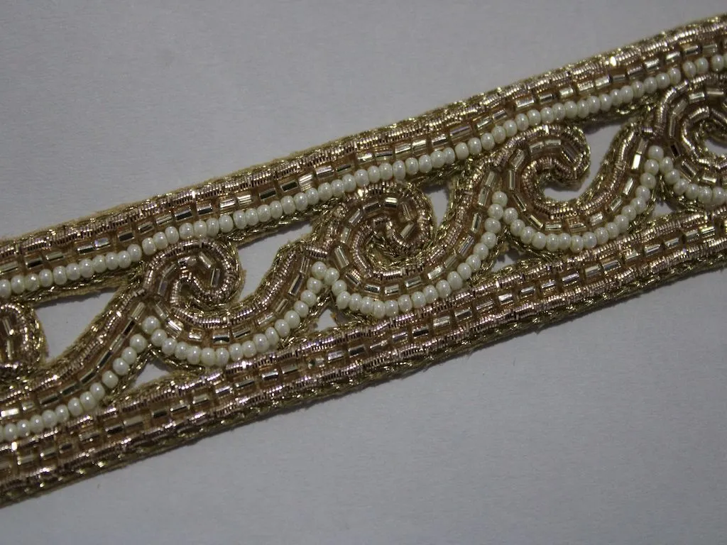 Golden White Fancy Beads Work Embellished Embroidered Border