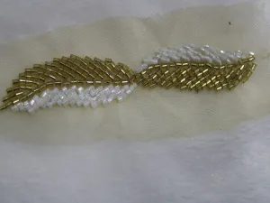Golden White Leaf Cutdana Beads Work Embroidered Border