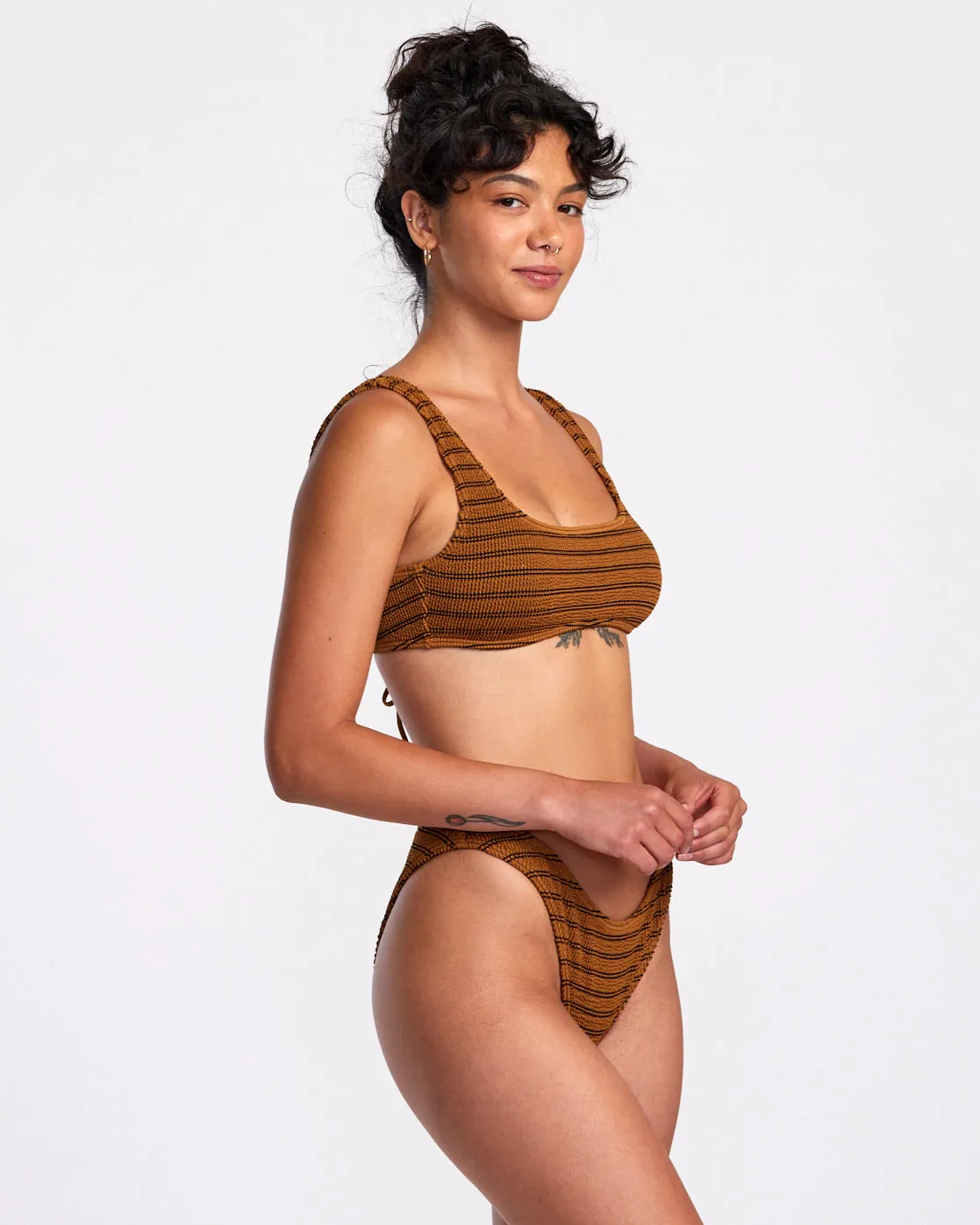 Grooves Stripe Laceback Bralette Bikini Top - Workwear Brown