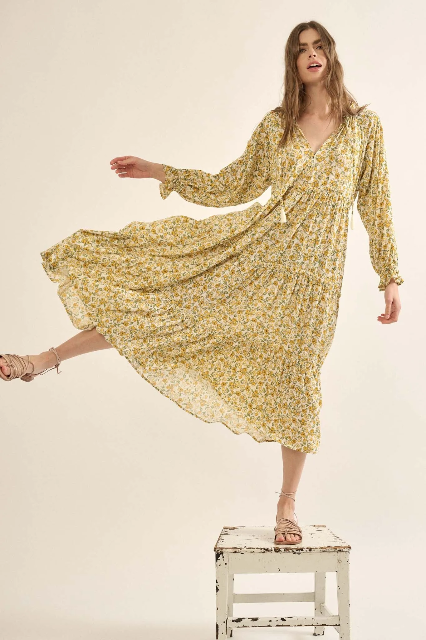 Honeysuckle Rose Floral Midi Prairie Dress
