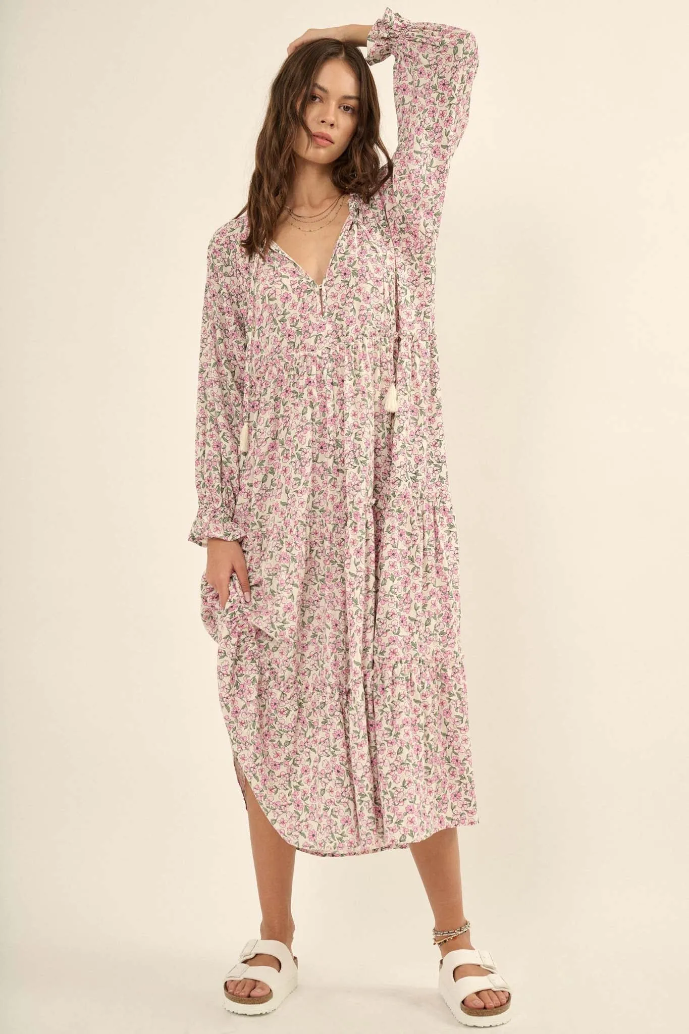 Honeysuckle Rose Floral Midi Prairie Dress