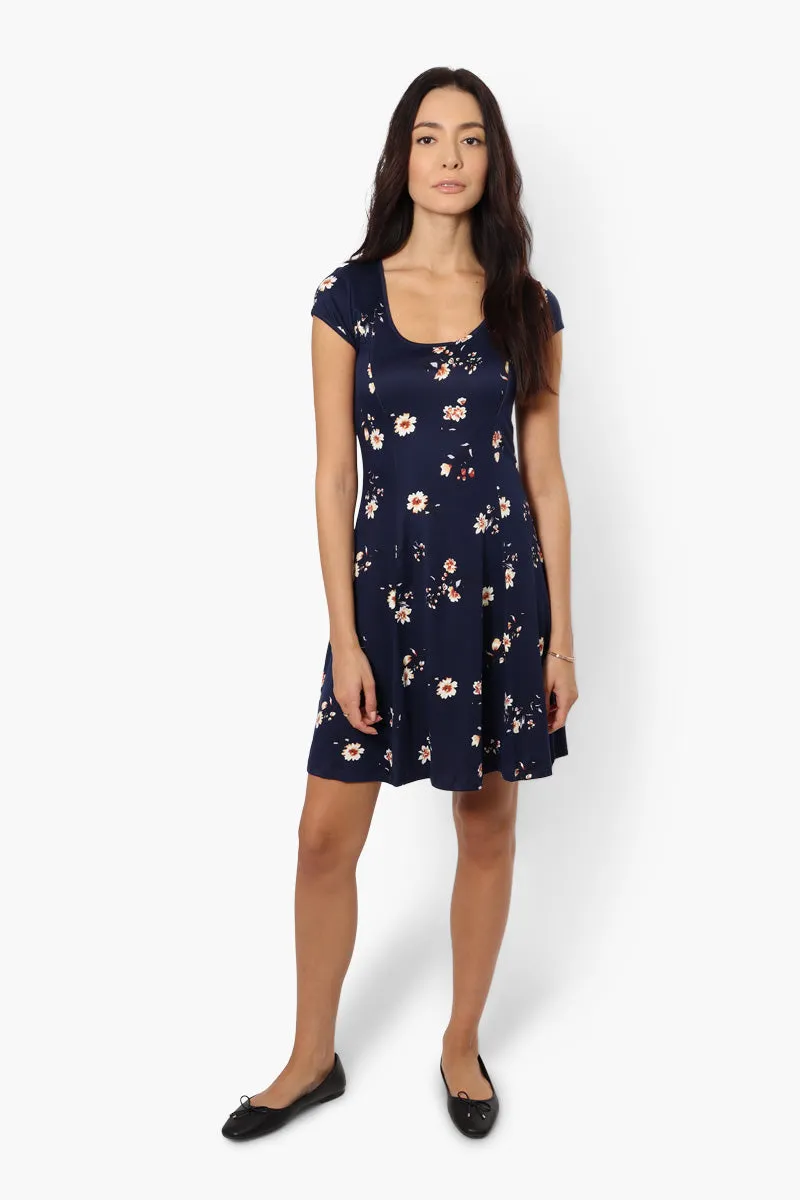International INC Company Floral Cap Sleeve Day Dress - Navy