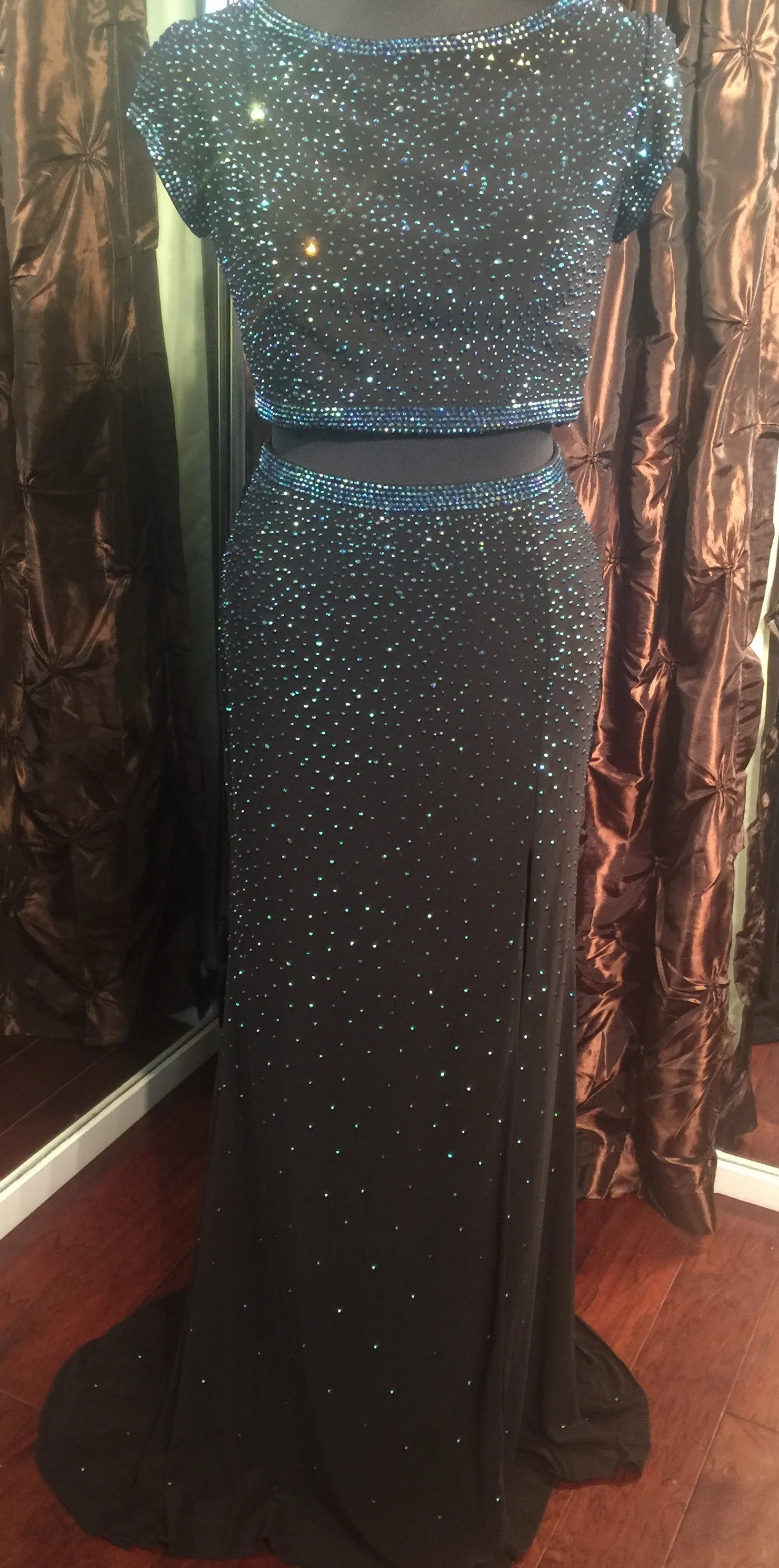 Jovani JVN36743 Size 10 Black two piece cap sleeve prom dress Slit Backless Gown