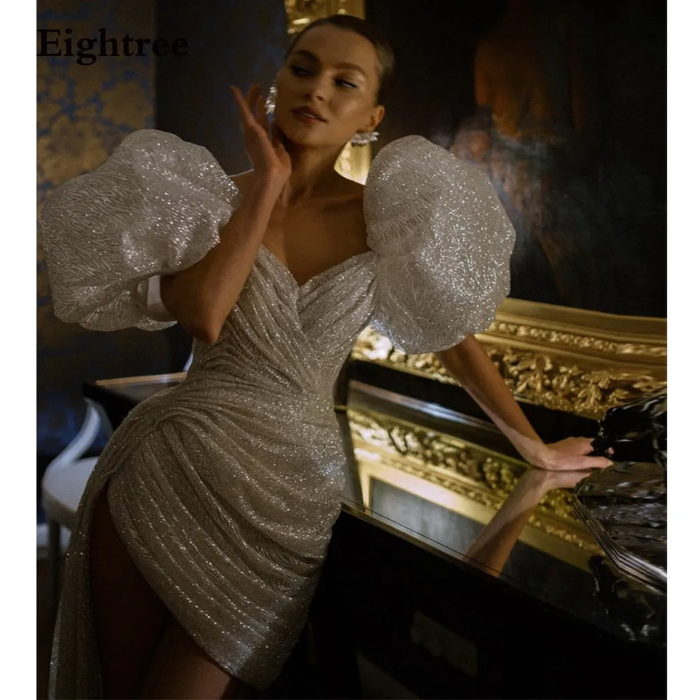 LANFUBEISI Eightree Spakly Champagne Short Sweetheart Prom Dresses Puff Sleeves Mini Evening Gowns Long Floor Length Formal Party Dress