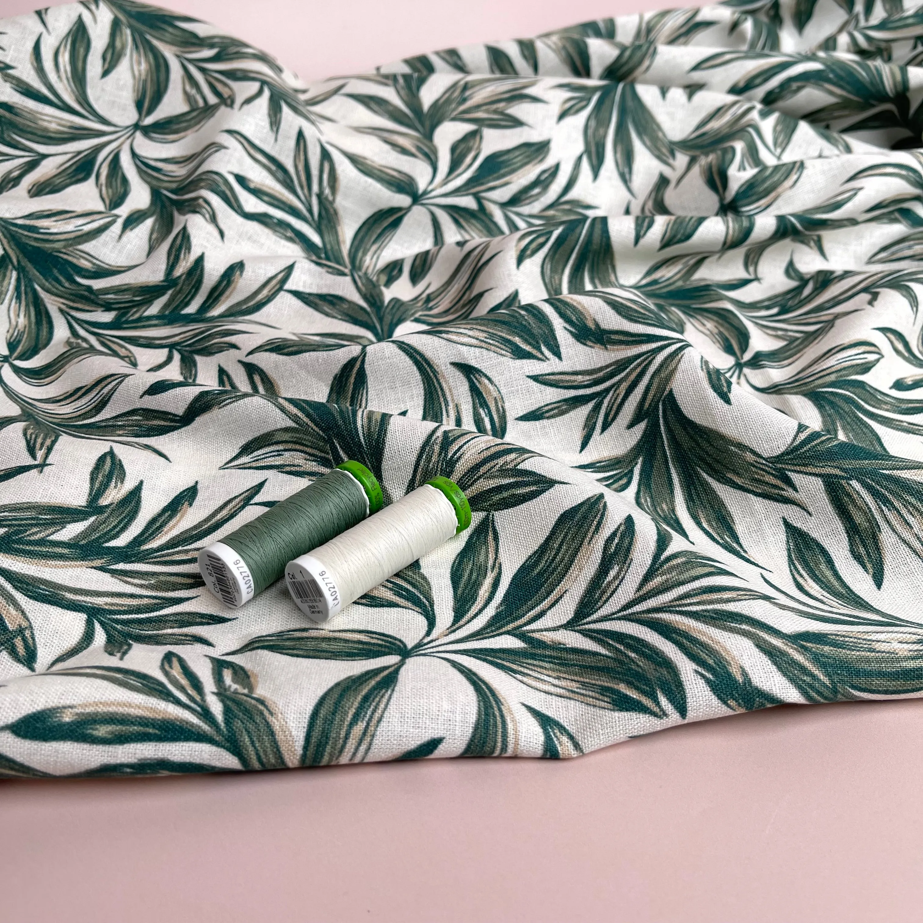 Leaves on Ecru Washed Linen Viscose Blend Fabric