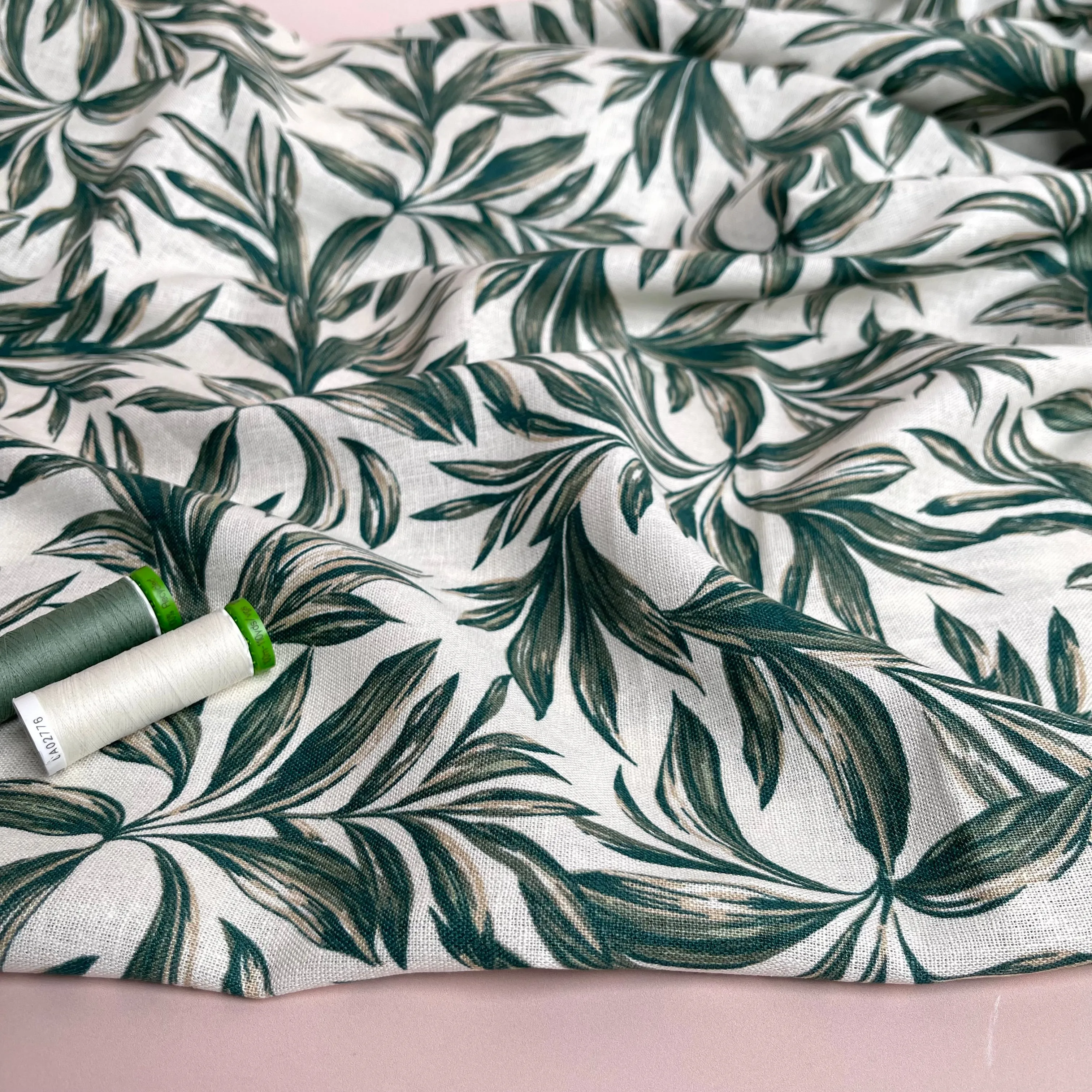 Leaves on Ecru Washed Linen Viscose Blend Fabric