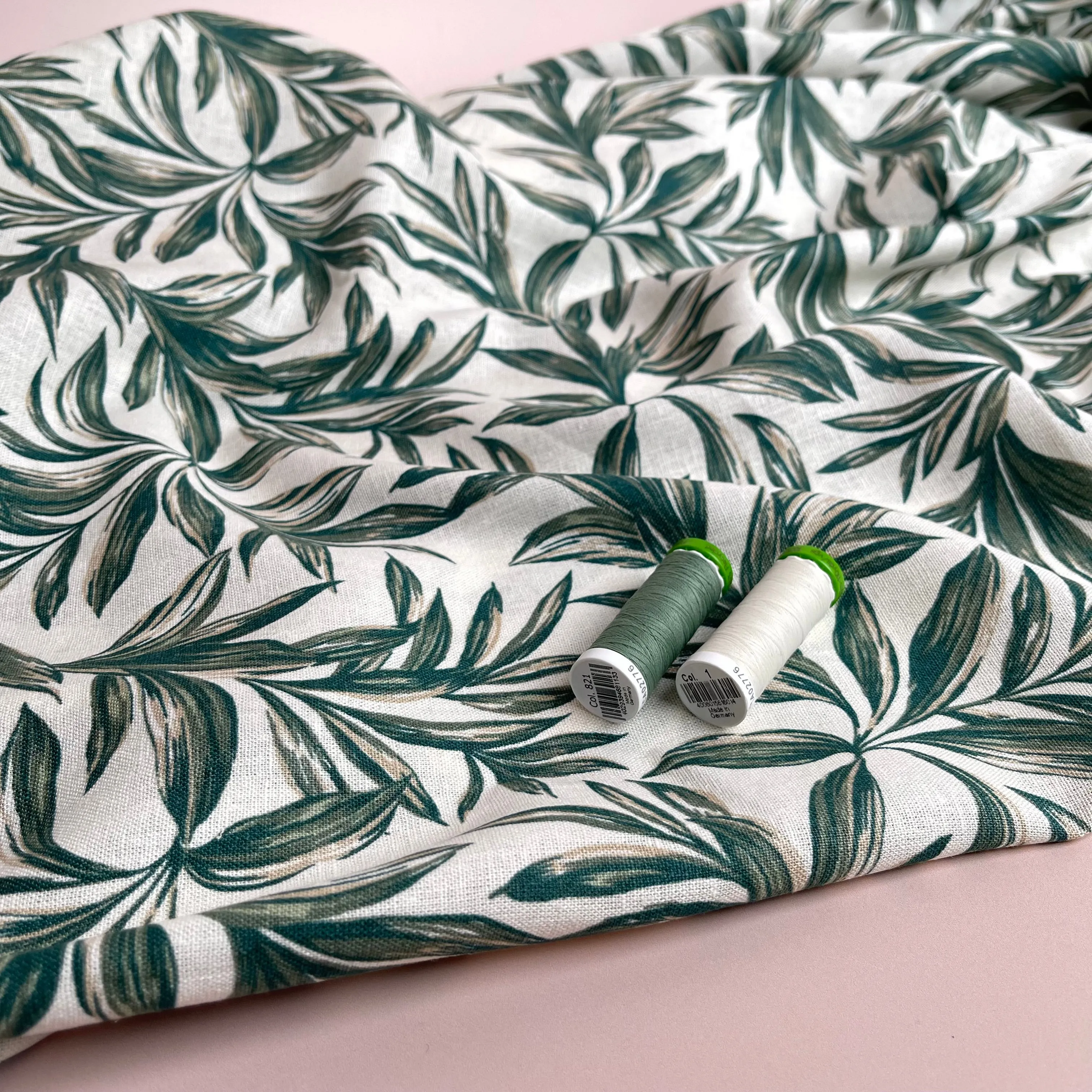 Leaves on Ecru Washed Linen Viscose Blend Fabric