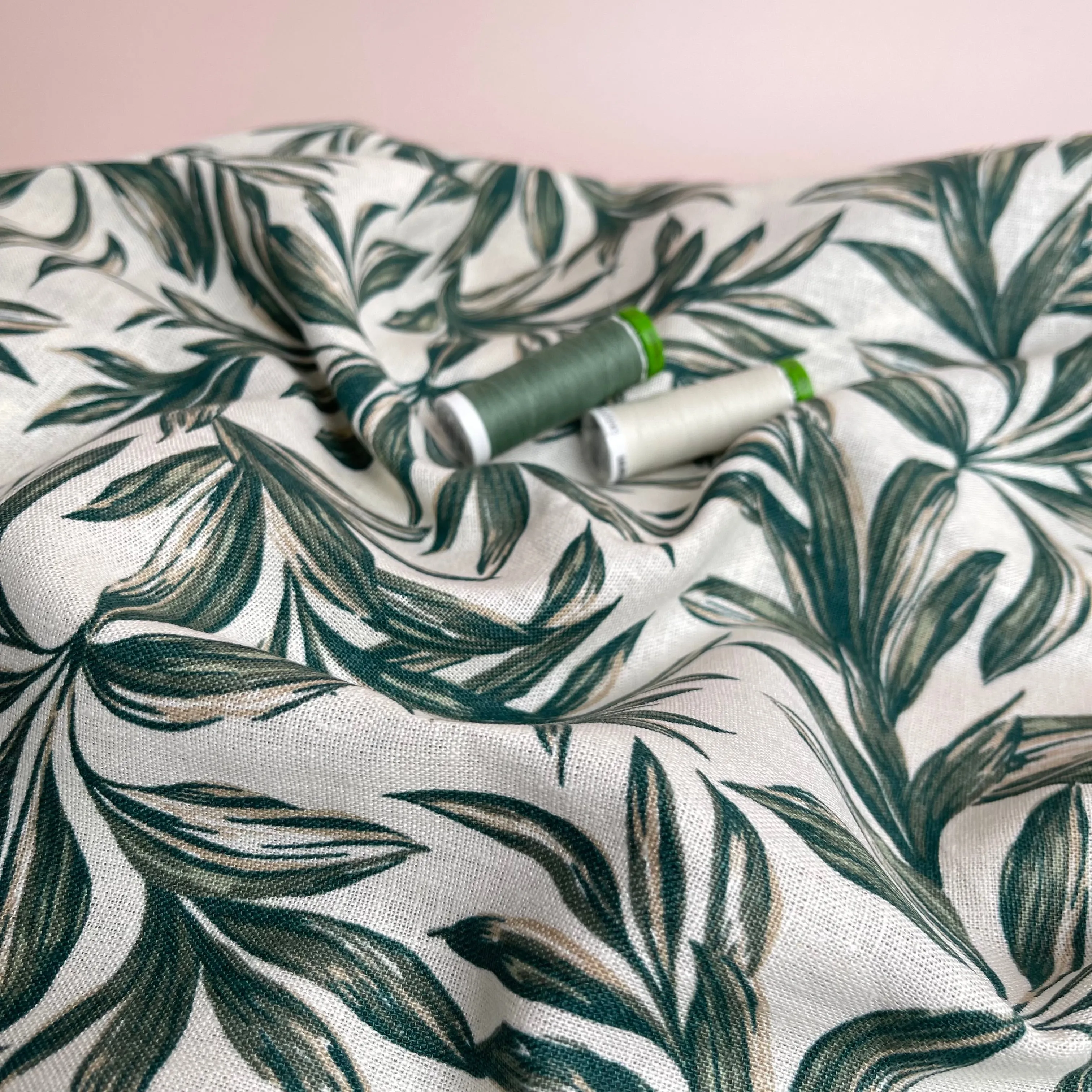 Leaves on Ecru Washed Linen Viscose Blend Fabric
