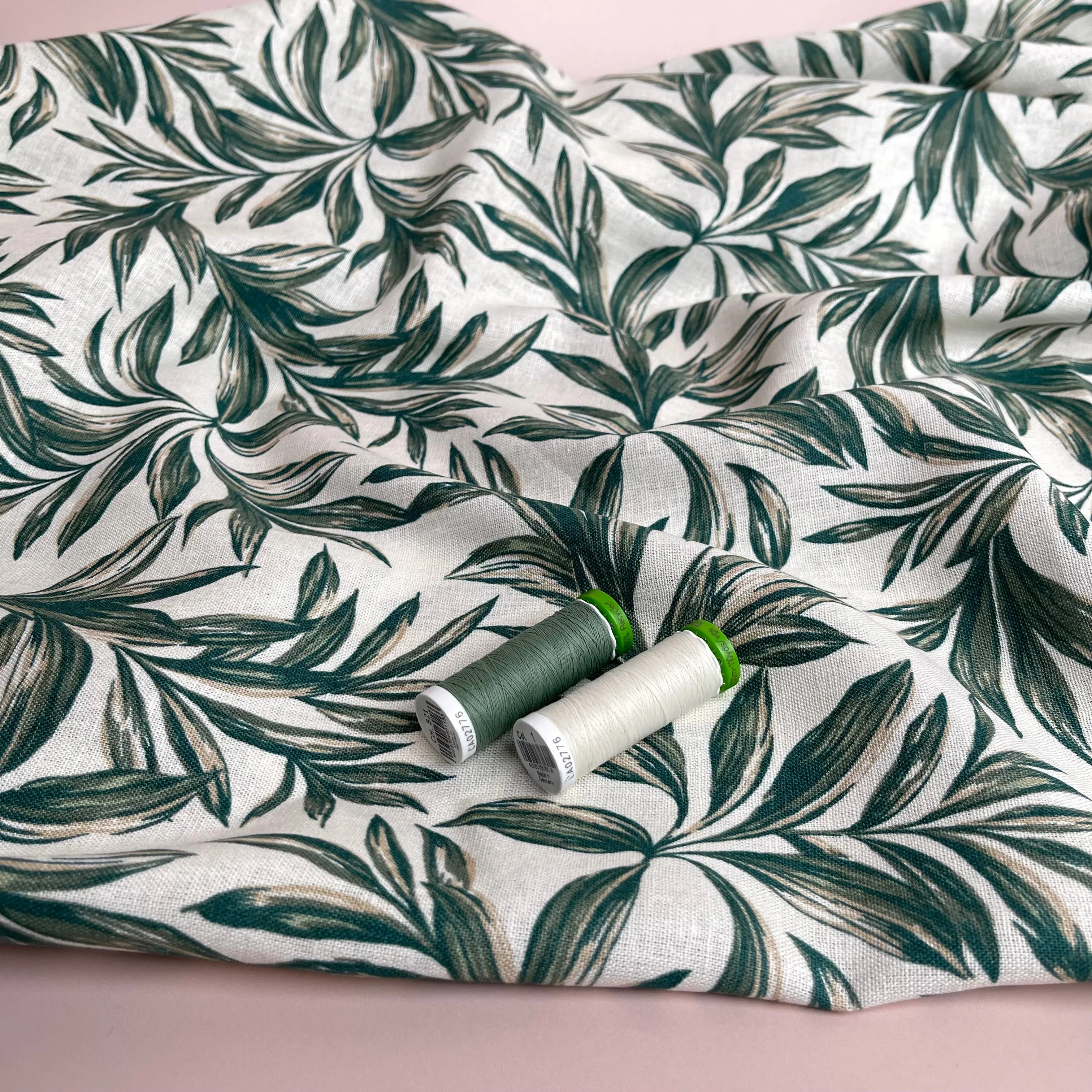Leaves on Ecru Washed Linen Viscose Blend Fabric