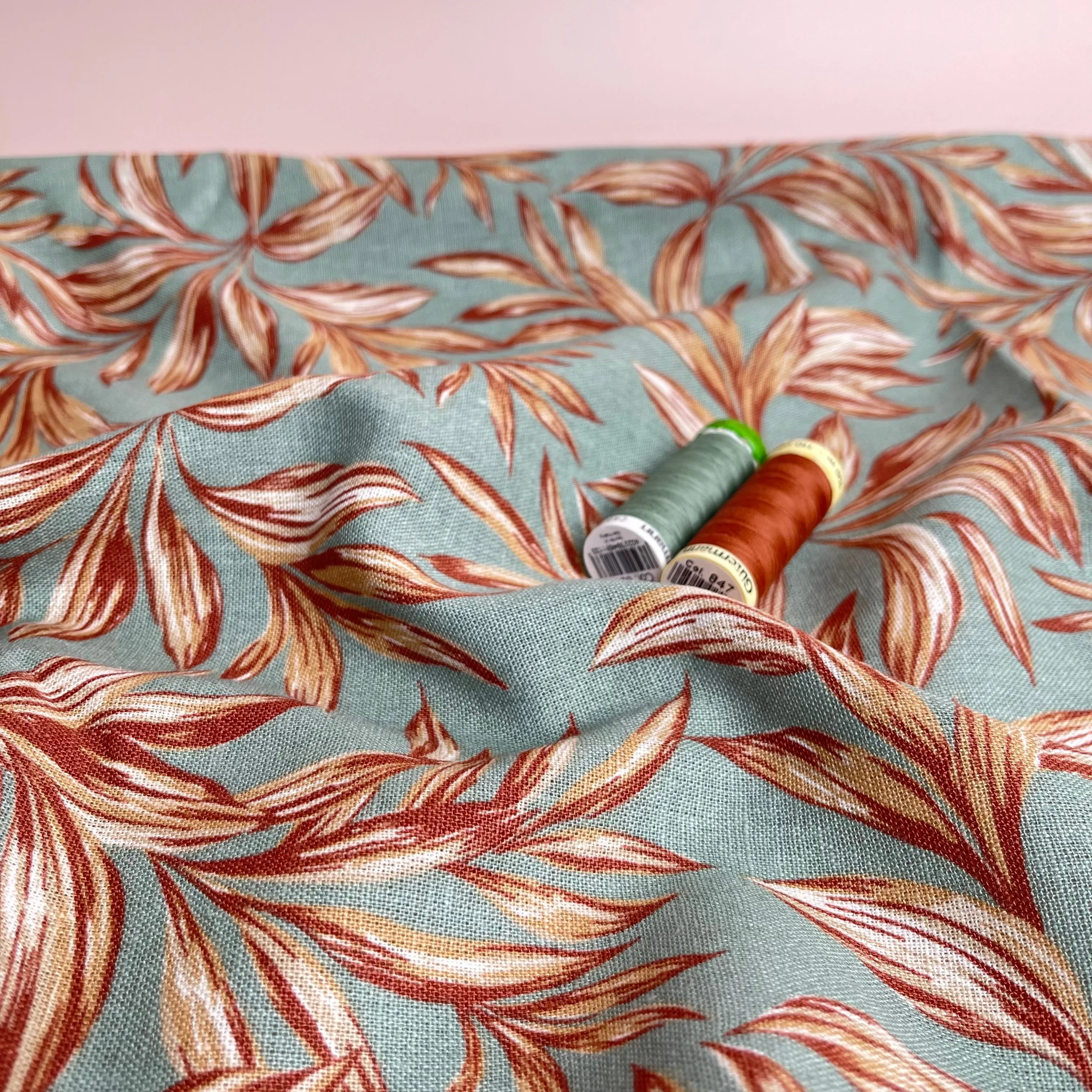 Leaves on Sage Green Washed Linen Viscose Blend Fabric
