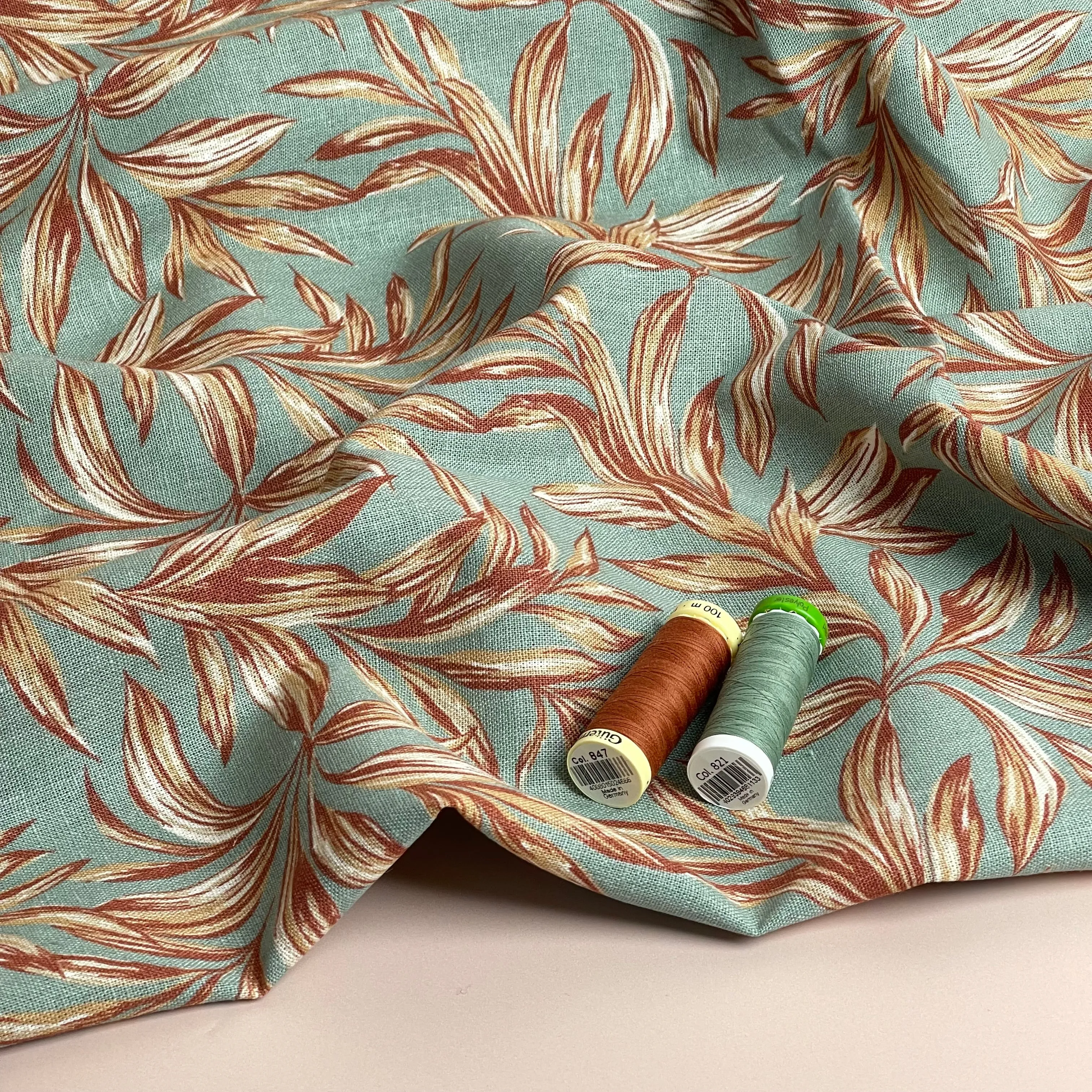 Leaves on Sage Green Washed Linen Viscose Blend Fabric