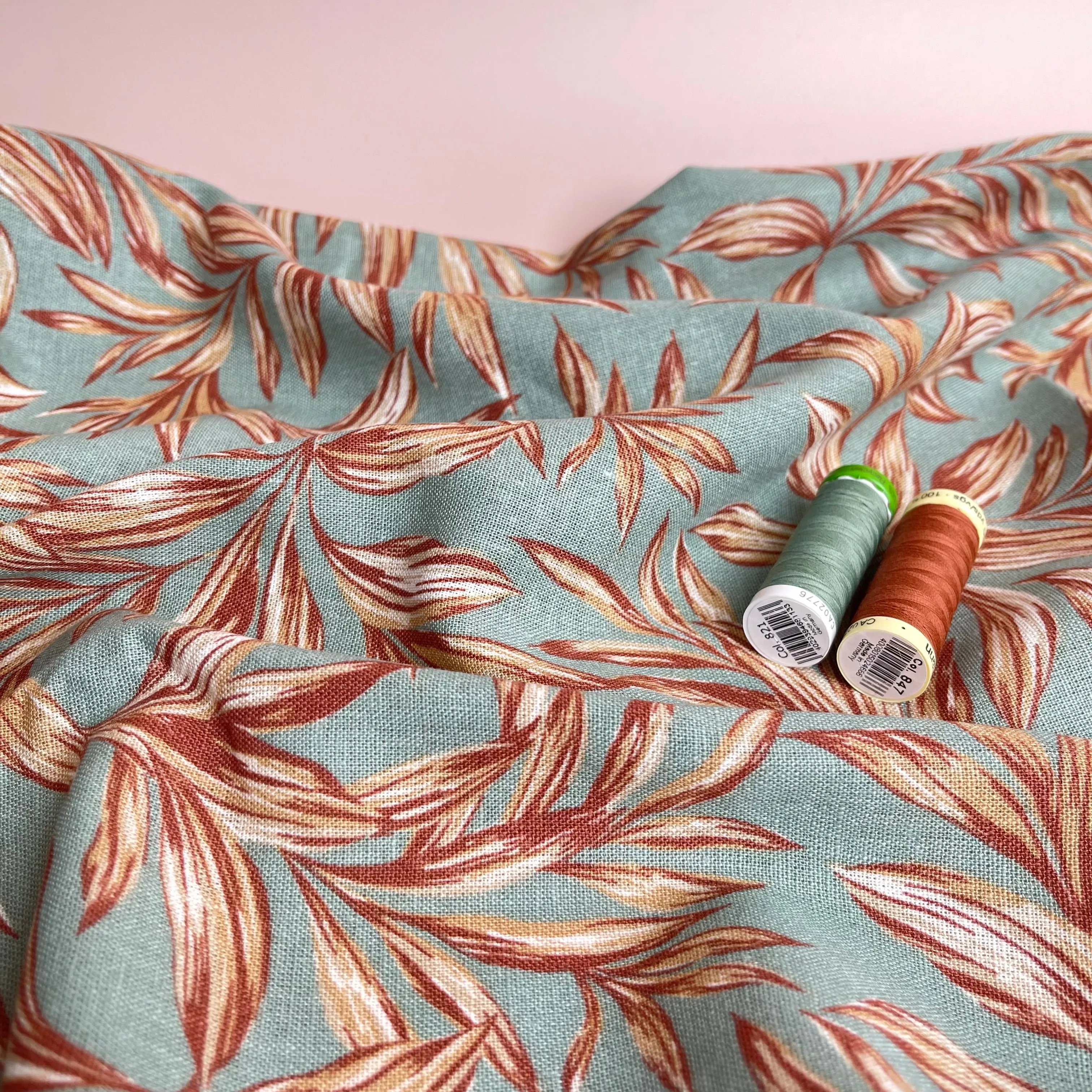 Leaves on Sage Green Washed Linen Viscose Blend Fabric